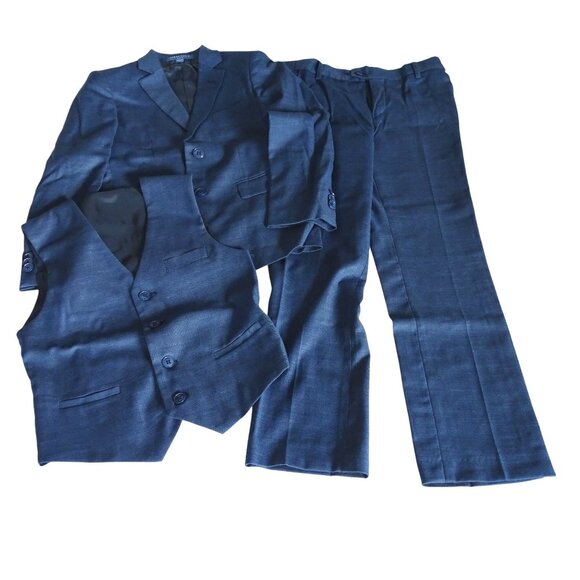 Perry Ellis Navy 3 pc Suit Set Boys Size 8 Blazer Jacket Vest Pants - Picture 1 of 16